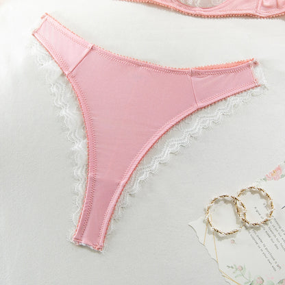 French Satin Lace Bra And Thong Set Sexy Ultrathint Lace Patchwork Lingerie Two Picec Sets Fancy Erotic Intimate Underwear Suit