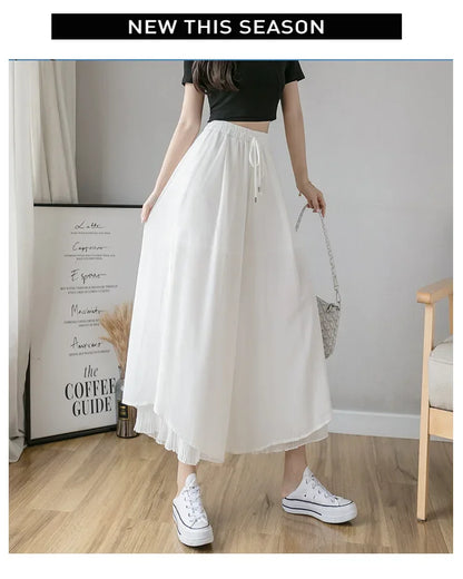 Women Pants Culottes Elastic Wide Leg Irregular Hem Double Layers Korean Trousers Summer Casual Loose Pleated Pants