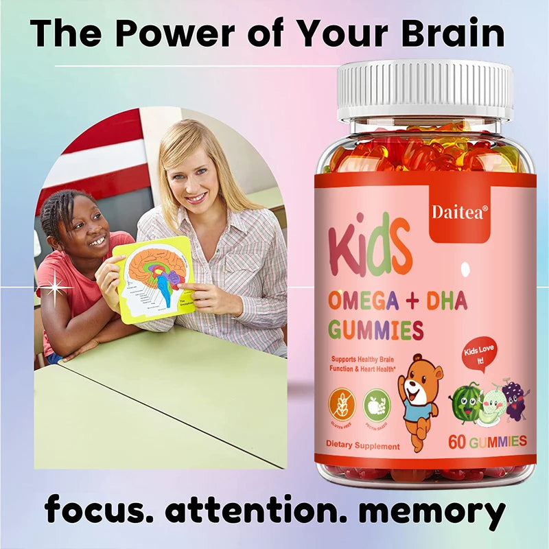 Children's Intelligence Supplement Gummies, Containing Vitamin D, OMEGA + Calcium, Support Attention, Memory, Brain Health
