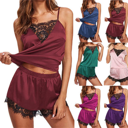 Women Pajamas Set Satin Lace Sleepwear Lingerie Ladies Elastic Suspender Shorts Nightwear Suits Sexy Sleeveless Underwear Tops