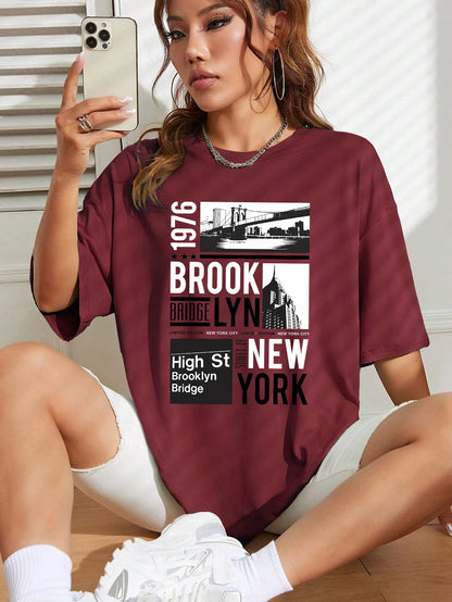 New York Brooklyn 1976 Printing Women T-Shirt Creativity Casual Tee Shirts Street Hip Hop Short Sleeve Basic All-Match Tshirts Wine Red