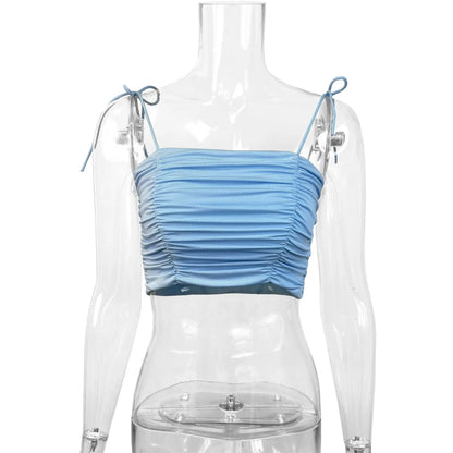 Fairyshely Sexy Female Summer Tied Strap Top 2025 Women Lace Sleeveless Bodycon Short Vest Lady Blue Off Shoulder Clud Crop Tops