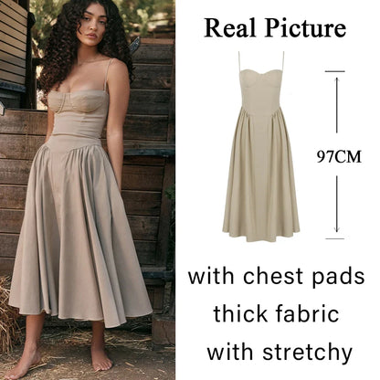 Suninheart Summer Elegant Midi Spaghetti Strap Dresses Slim V Neck A Line Party Dress Khaki Casual Dress Women's Clothing refer size chart 1