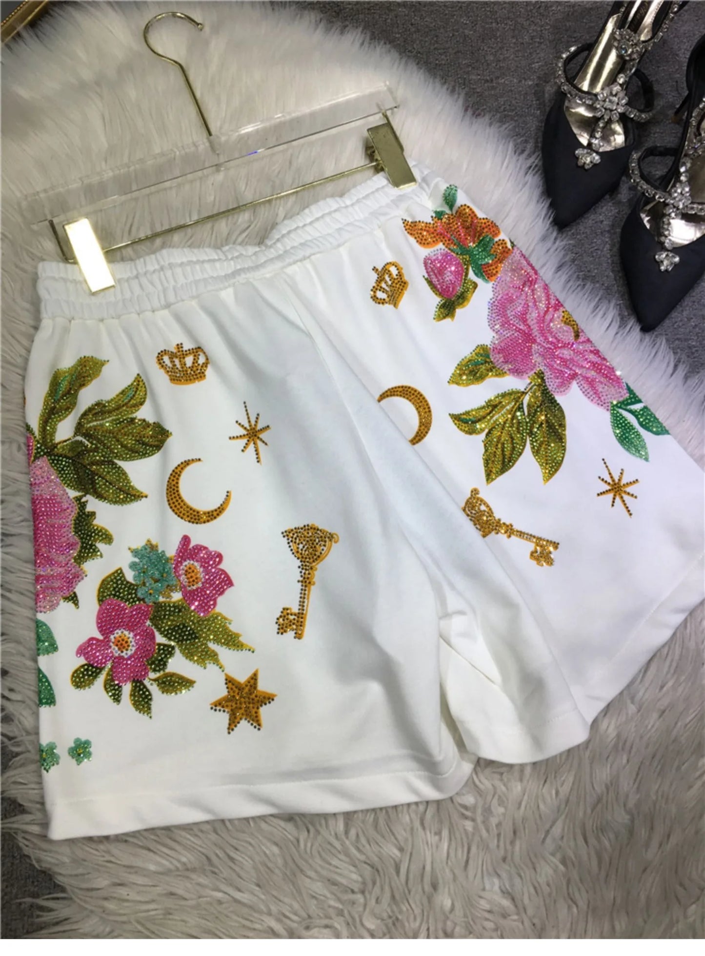 Oversized rhinestone diamond high-waisted black adjustable waist wide leg slacks Women's shorts