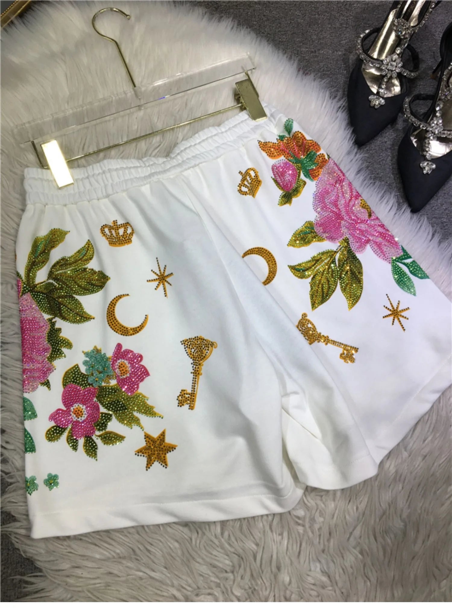 Oversized rhinestone diamond high-waisted black adjustable waist wide leg slacks Women's shorts