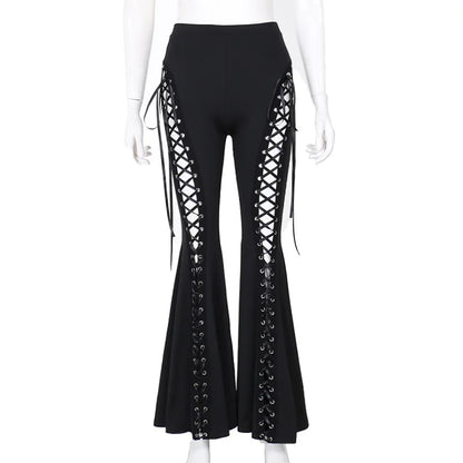 Y2K Summer Cross-band Strap Art Micro-flare Casual Pants Metal Buckle Decoration Personal Pants Women Versatile Sexy Slim Pants Black