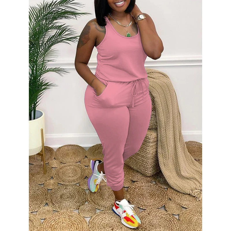 LW Women's Big Size Jumpsuit 2025 Spring Summer Plus Size Drawstring Cami One Piece Jumpsuits Women Full Length Romper Woman Pink