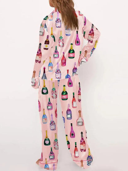 Womens Satin Pajamas Sets 2 Piece Set Champagne Bottle Wine Glasses Long Sleeve Button down Shirt Pants Satin Silk Loungewear