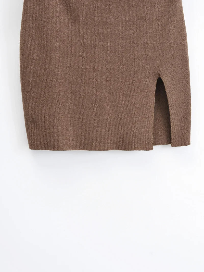 Knitting Women Skirts Side Split Brown Solid High Waist Autumn Fashion Skinny Harajuku E-Girl Female Short Skirt QT047