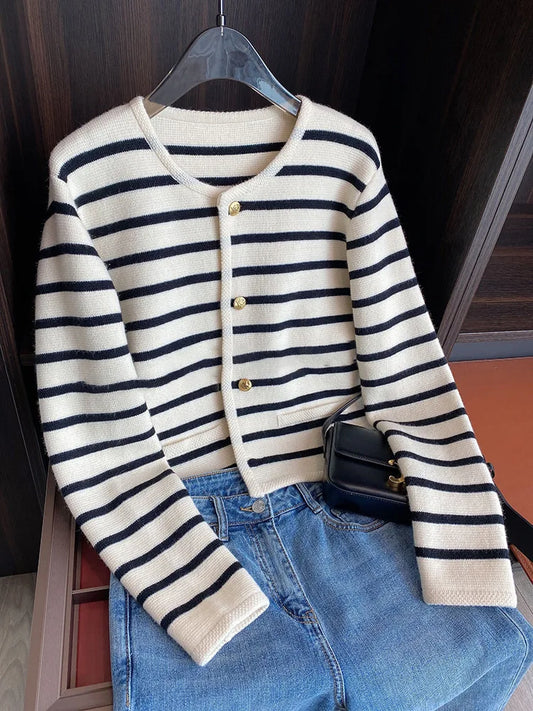 Stripe Knitted Cardigan Women Spring Autumn O-neck Single Breasted Long Sleeve Crop Tops Fashion Casual Chic Female Sweaters Badiee Stylez