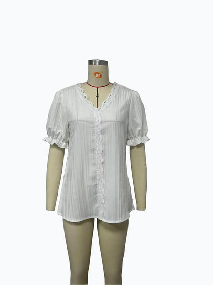 Sexy V Neck Patchwork Blouse Shirts Summer Female Short Lantern Sleeve Holiday Loose Blouse Tops SZE-ST23053