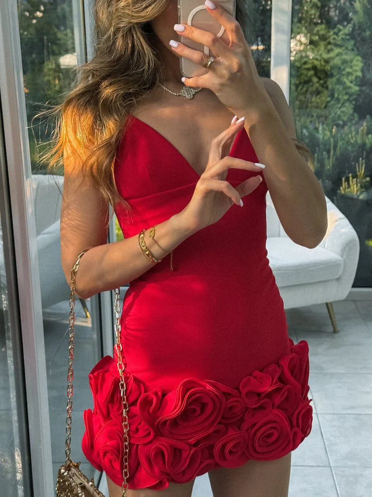 Red 3d Flower Splicing Sling Short Dresses Women Elegant V Neck Sleeveless High Waist Mini Dress Summer New Party Lady Robes Red