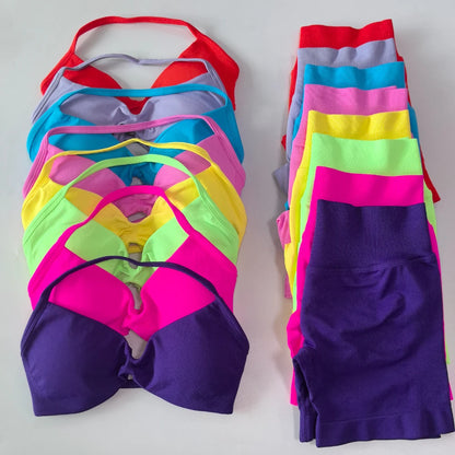 NO LOGO 2PCS Gym Set Women Strappy Yoga Bra Top High Waist Workout Scrunch Shorts Sports Suit Seamless Yoga Set Fitness Clothes Badiee Stylez