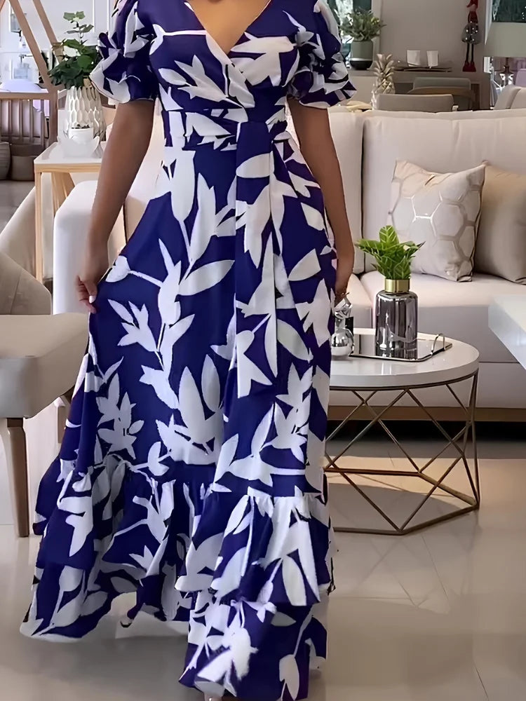 Wefads Women's Maxi Dress Fashion V-Neck Lantern Sleeve Sexy Print Party Elegant Long Evening Gown