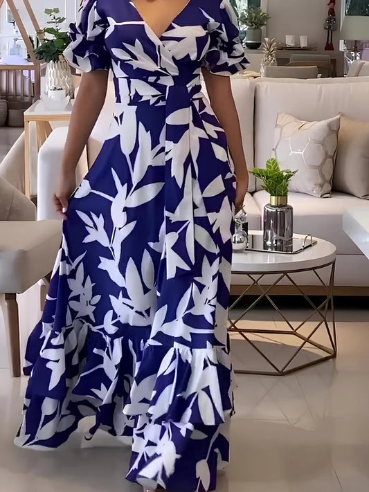 Wefads Women's Maxi Dress Fashion V-Neck Lantern Sleeve Sexy Print Party Elegant Long Evening Gown