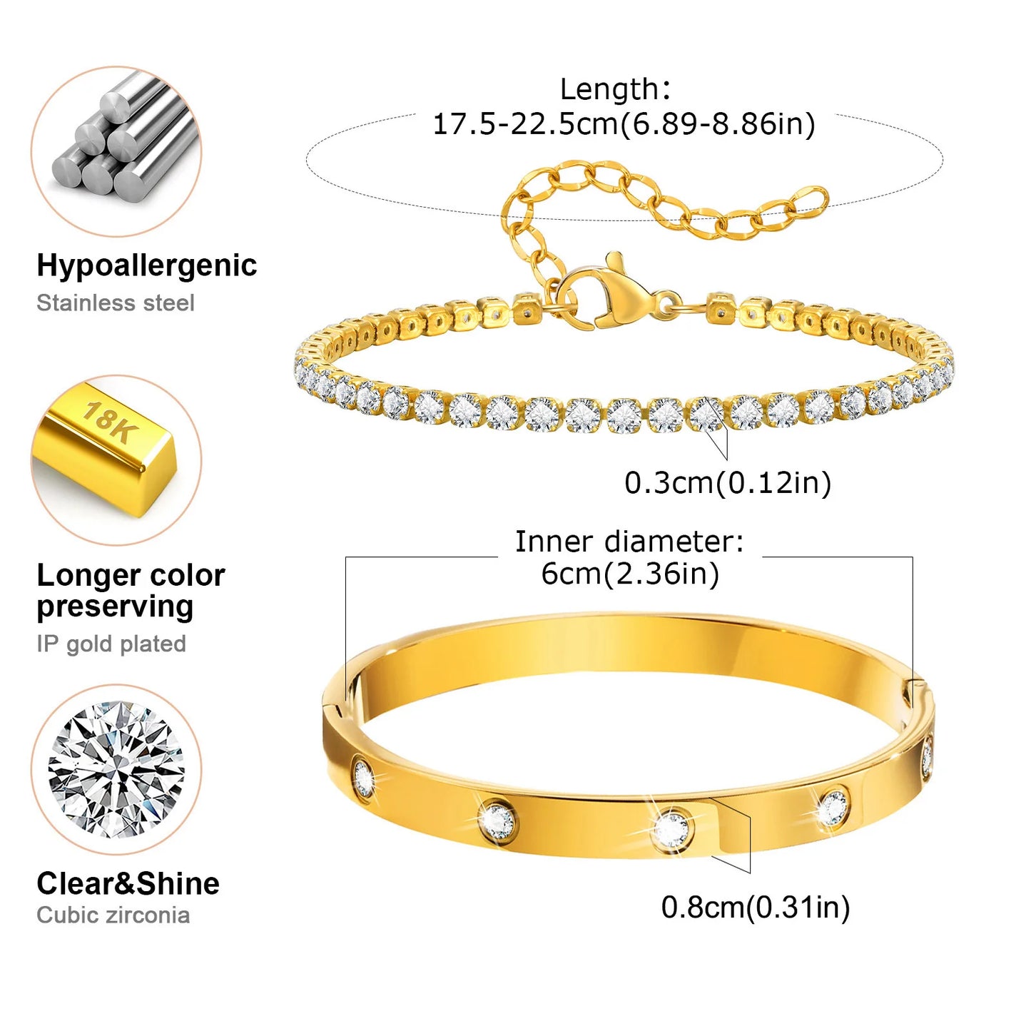 Vnox Love Tennis Chain Bracelets Round Zircon Stone Bangles Set, PVD Stainless Steel Women Jewelry Set Gift for Mom Mothers Day Badiee Stylez