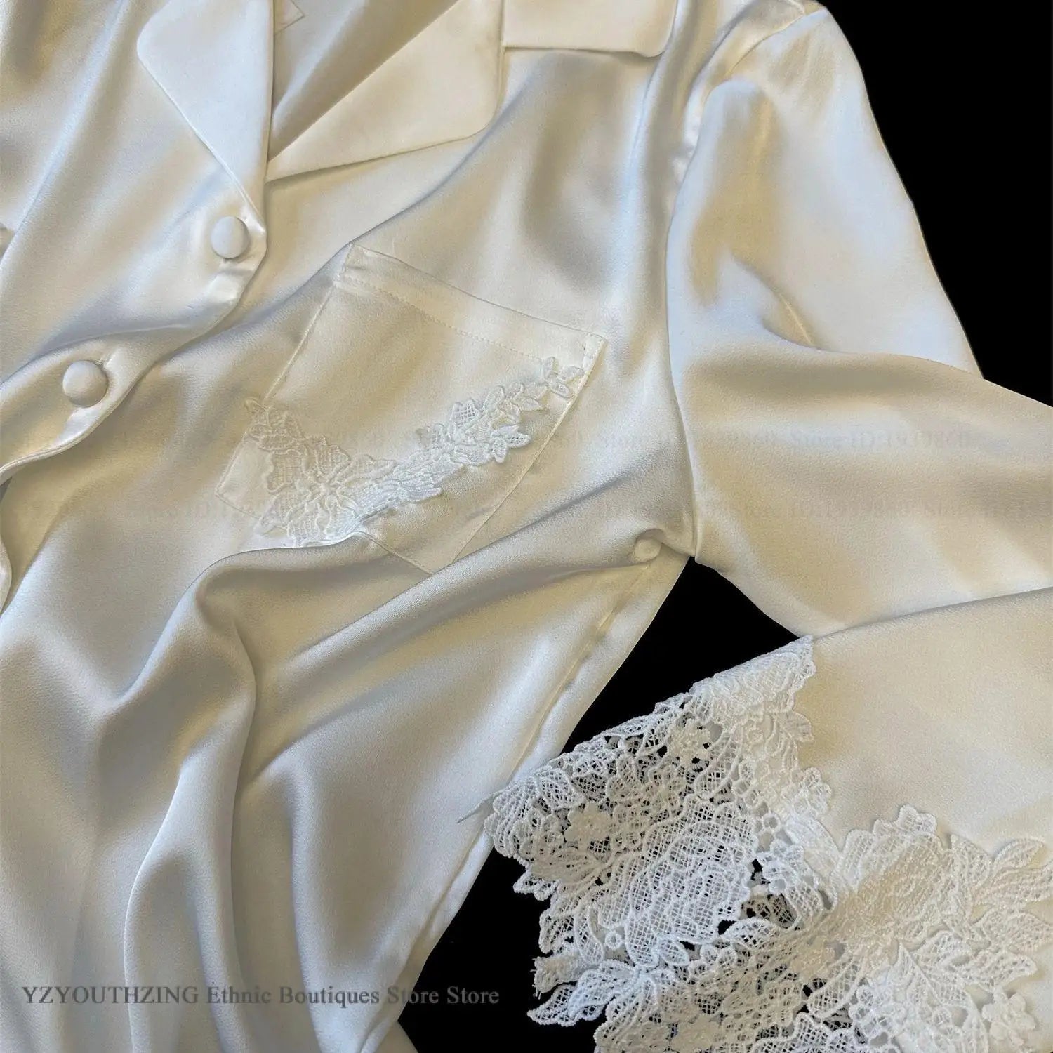 Female Pajamas Set White Satin Lace Trim Bride Wedding Sleepwear Gift Homewear Sexy Loose Long Sleeve Trouser Suit Loungewear