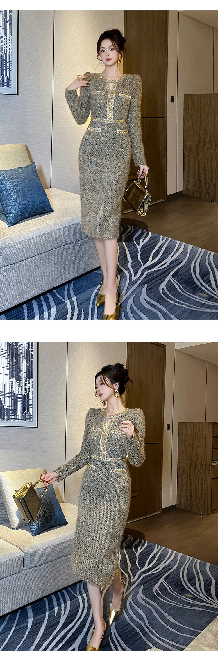 Women Clothes Vintage Tweed Hollow Sexy O-Neck Slim Midi Pencil Dress Elegant Fashion Evening Party Vestidos Formal Occasion New