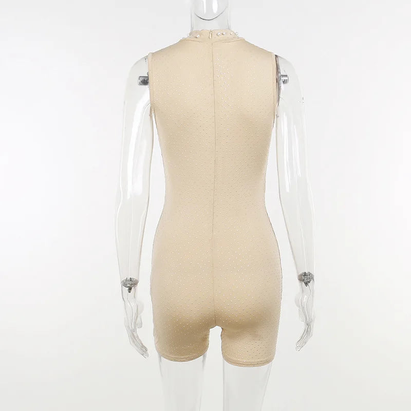 Sexy O-neck Sleeveless Jumpsuit Women Summer Beaded Mesh Rompers Skinny Elegent One Piece Apricot Fashion Hot Combinaison Femme