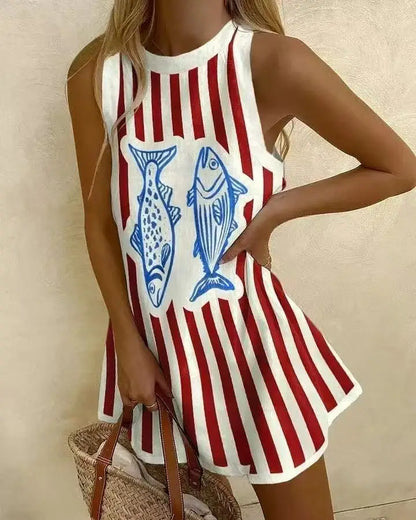 Women Sleeveless Dress Cute Sardines Fish Graphic Print Summer New Short Dress Beach Vacation Party Girl Skirts Dress 4