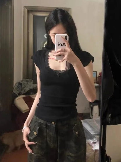 2025 Y2k Aesthetic Lace Patchwork Crop Top Streetwear Harajuku Women Vintage U Neck T-shirt Streetwear Bow Bottoming Grunge Tees