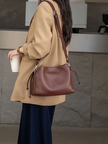 Ladies' New Premium Full-Grain Wrinkled Leather Crossbody Bag - Women's Chic Shoulder Commuter Bag with Organizer Pockets