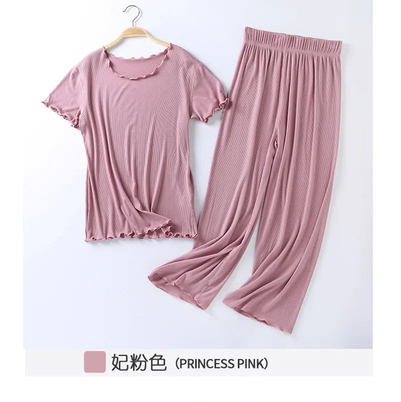 Japanese summer new ladies cotton modal short-sleeved nine-point pants suit home service suit women's large size home pajamas pink