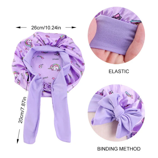 New Kids Unicorn Satin Bonnet Wide Elastic Band Ribbon Sleeping Cap Curly Natural Hair Child Night Caps Shower Cap Headscarf Badiee Stylez