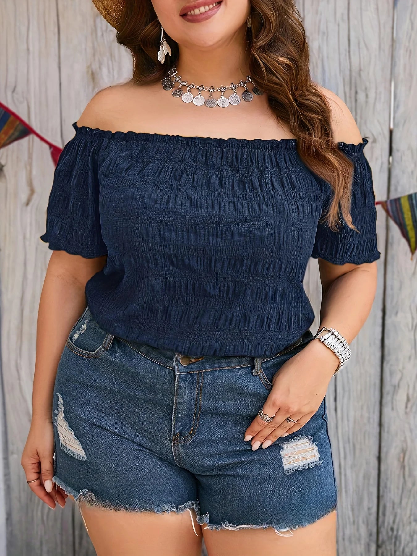 Plus Size Summer Women Elegant Off The Shoulder Dress Casual Fashion Solid Tops Office Lady Loose Curve Clothing Navy Blue