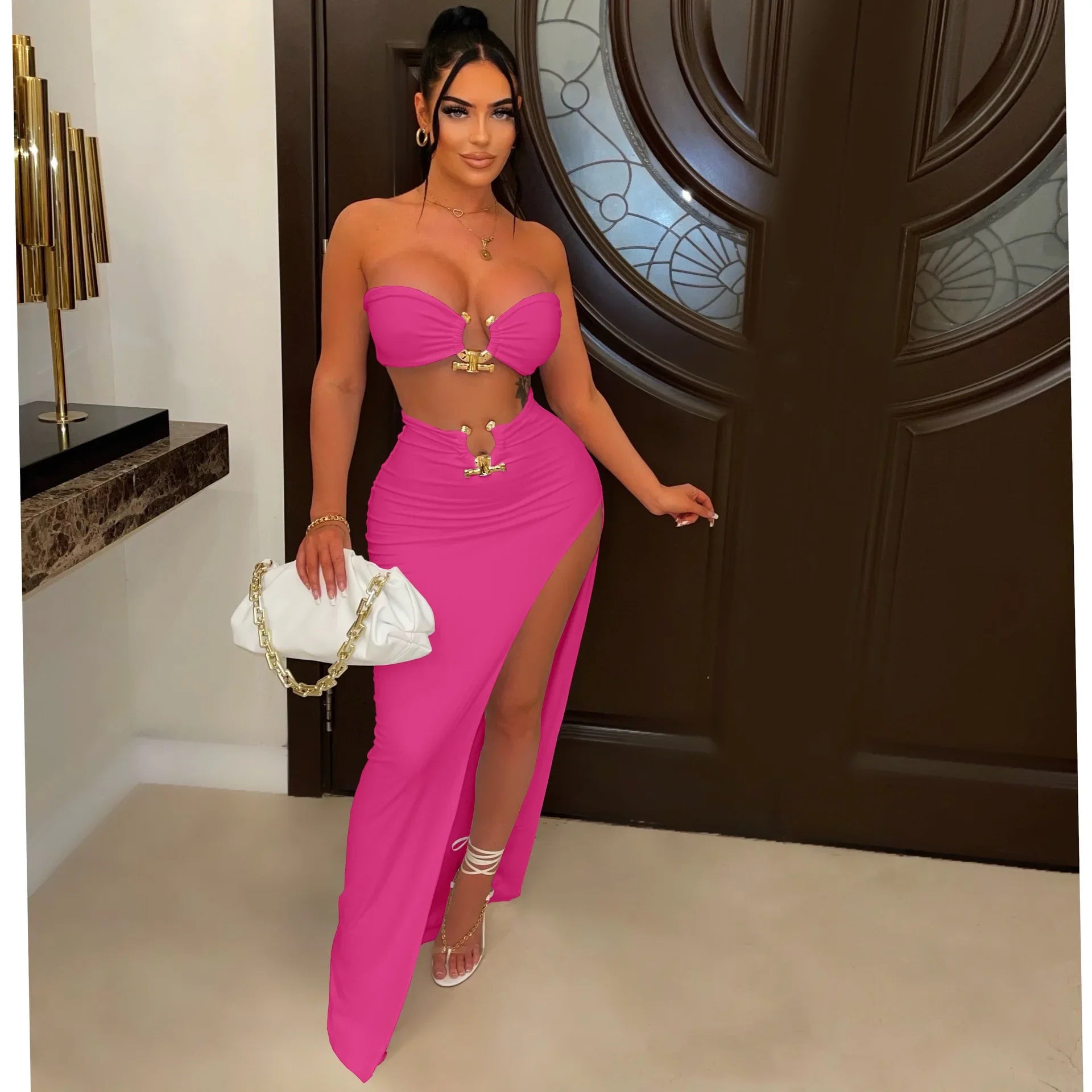 New Chic Gold Ring Bandeau Slit Skirt Two-Piece Set Womens Beautiful Off Shoulder Matching Skirt Set Nightclub Outfits Badiee Stylez