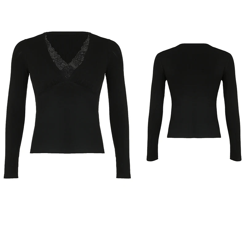 Cuteandpsycho Lace Patchwork Solid Slim Tee Shirts Long Sleeves V-neck Aesthetic Fashion Clothes Vintage Streetwear Black Tops Color4