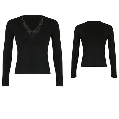 Cuteandpsycho Lace Patchwork Solid Slim Tee Shirts Long Sleeves V-neck Aesthetic Fashion Clothes Vintage Streetwear Black Tops Color4