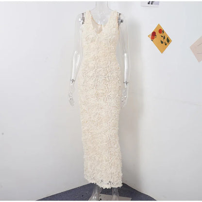 Sexy 3D Flower Deep V-neck Dress Women Slim Sleeveless Backless Split Hip Package Midi Dresses 2025 Spring Ladies New Vestidos