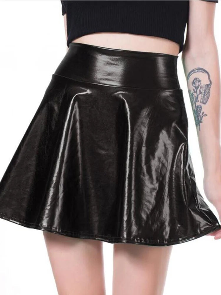 CUHAKCI Short Sexy High Waist Pleated Skirts Women Solid Casual Silver Gold Mini Laser Women Party Club D134 Black