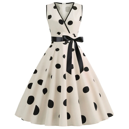 Summer V-neck sleeveless polka dot lace-up waist tucked vintage swing dress