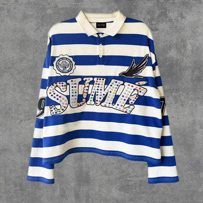 Couple summer washing fashion rhinestone striped two-piece set of denim shorts original color casual printing five-point pants J-01