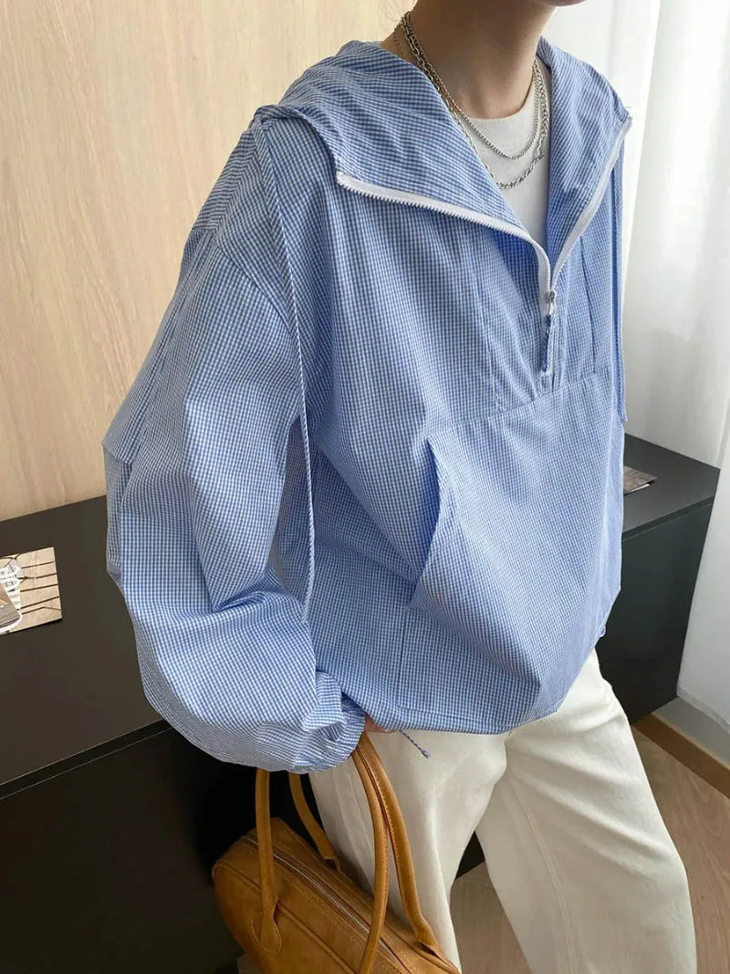 Plaid Shirt Women Fall Japanese Blue Striped Hooded Overshirt Y2K Casual Long Sleeve Pullover Blouse Loose Fit Streetwear Coat