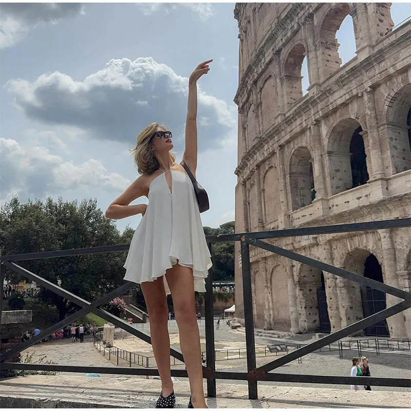 Women Sexy Halter Layered Ruffles Mini Dress Fashion Off Shoulder Backless A Line Vestidos Spring Summer Chic Lady Short Dresses