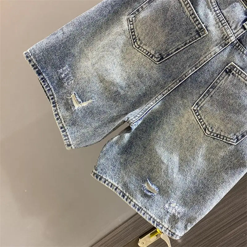 2024 Summer Latest Design Women's Knee-Length Casual Cotton Short Jeans Shorts Washed Blue Ripped Hole New Kpop Luxury Jeans