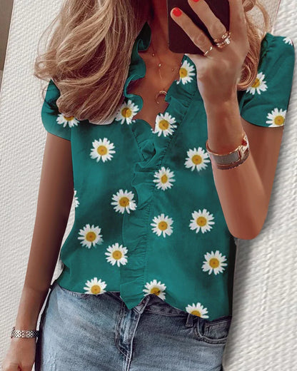 Casual Short Sleeve V-Neck Ruffles Blouses Elegant Office Ladies Shirt Summer Vintage Harajuku Slim Tops Female Boho Tunic Shirt BBL2016 Green JU