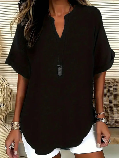 Plus Size 1XL-5XL Women's Fashion Solid Color Notched Top Ladies Casual Short Sleeve Summer V-Neck Blouse Shirt Tops black