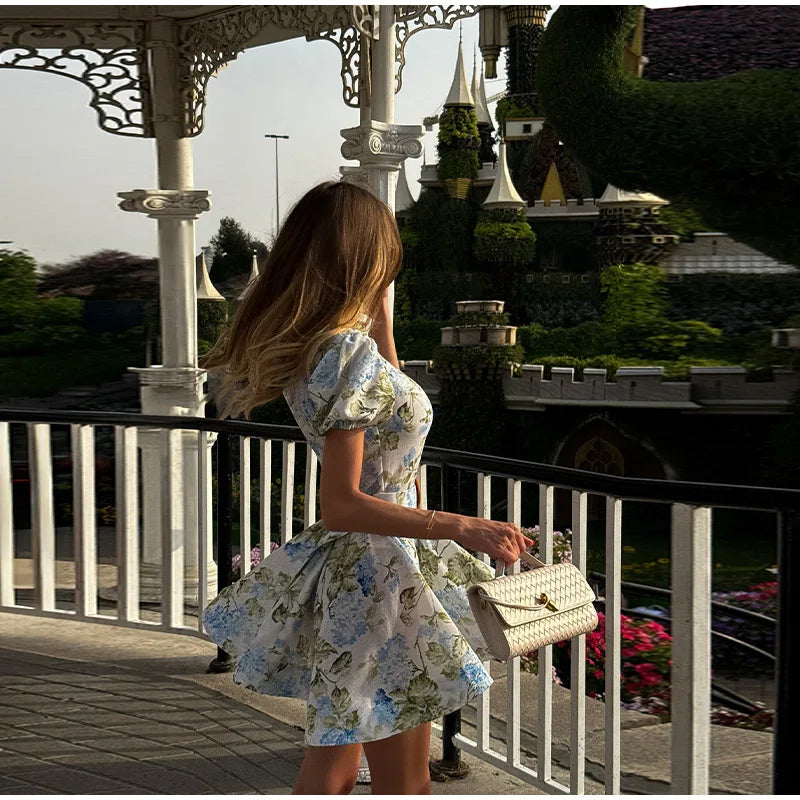 Women Floral A-line Mini Dress Short Sleeve Button-front Stand Collar Belted 2025 Summer Elegant Vestido Ladies Chic Party Dress