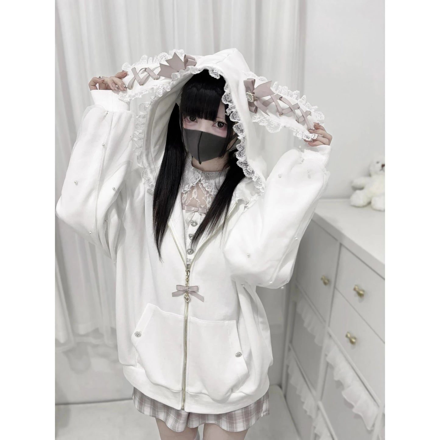 Japanese Sweet Coats Y2K Clothing Hoodie Women Tops Autumn and Winter Color Match Splicing with Thick Velvet Cardigan Jackets 888 White
