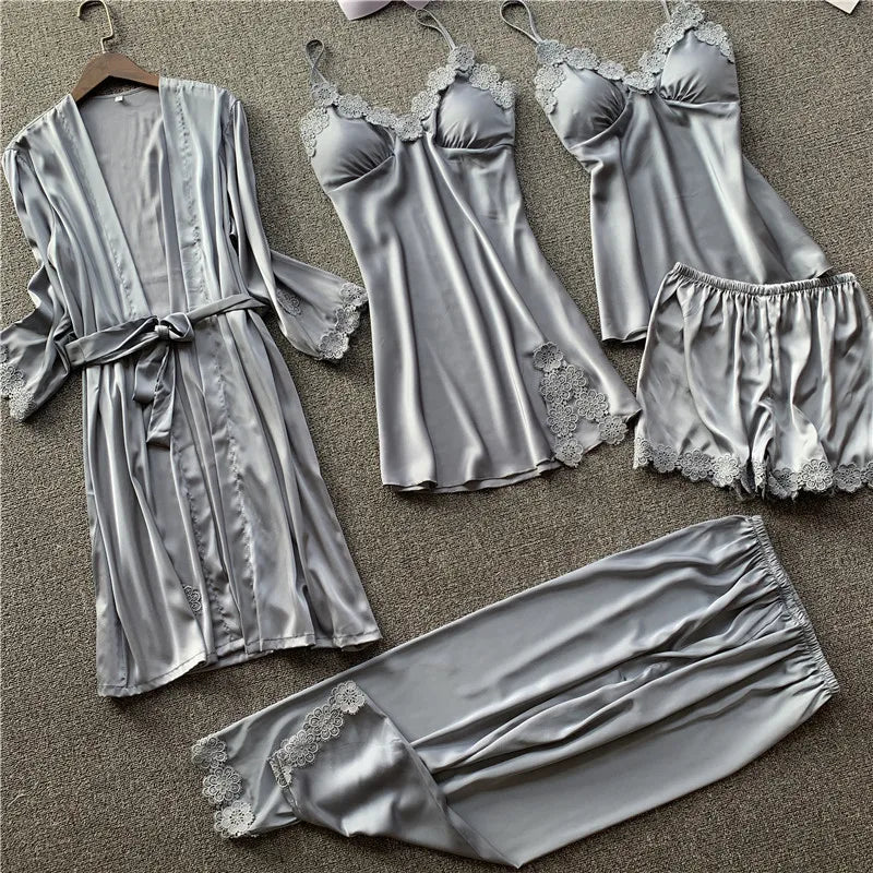 Pajamas Five Piece Set Sexy Lace Trim Nightgown Nightwear Spring Summer Women Bath Robe Loose Silk Satin Home Wear Pijamas Suit