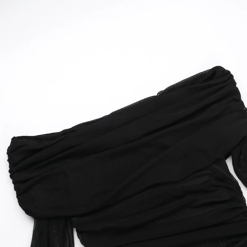 Y2k Summer New Solid Color Long Sleeve Off Shoulder Dresses Sexy Wrap Hip Mesh See Through Ruched Patchwork Long Dress 2024 New