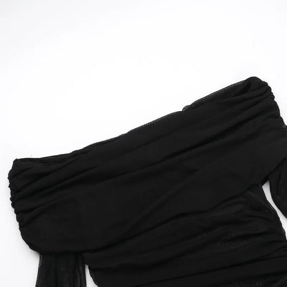 Y2k Summer New Solid Color Long Sleeve Off Shoulder Dresses Sexy Wrap Hip Mesh See Through Ruched Patchwork Long Dress 2024 New