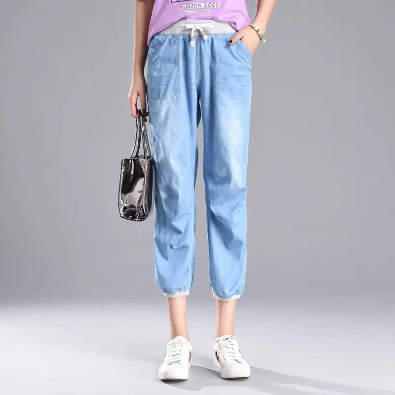 Summer Styles Loose Jeans For Women Calf-Length Harem Pants Elastic High Waist Thin Pants Fashion Jeans 4XL