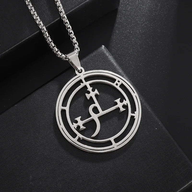Stainless Steel Demon Seal Necklace Satan Lilith Pendant Pagan Witchcraft Magic Amulet Jewelry for Men and Women AL19721-Silver