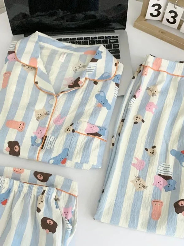 Summer Cloud Cotton Spwear Set Women's ort Sve Long Pants Home Clothes Cartoon Print Comfortable Breathable Nightgown