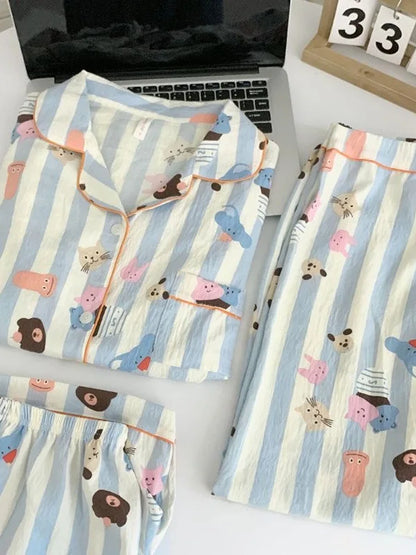 Summer Cloud Cotton Spwear Set Women's ort Sve Long Pants Home Clothes Cartoon Print Comfortable Breathable Nightgown